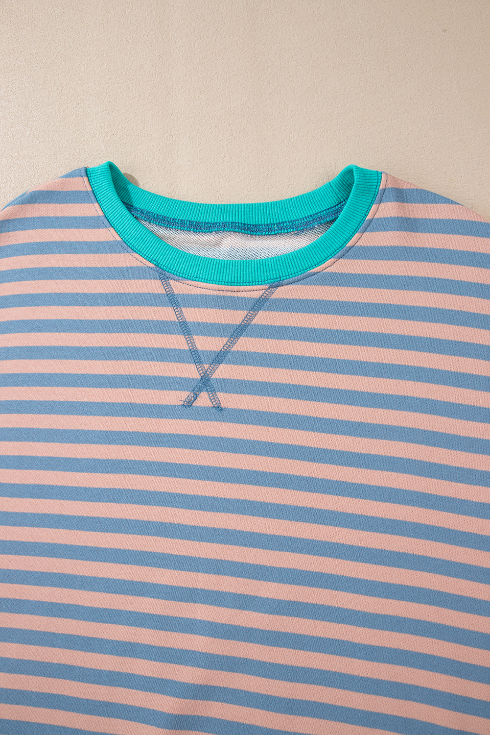 Red Stripe Contrast Ribbed Trim Crossed Stitch Drop Shoulder Sweatshirt - loveforevers