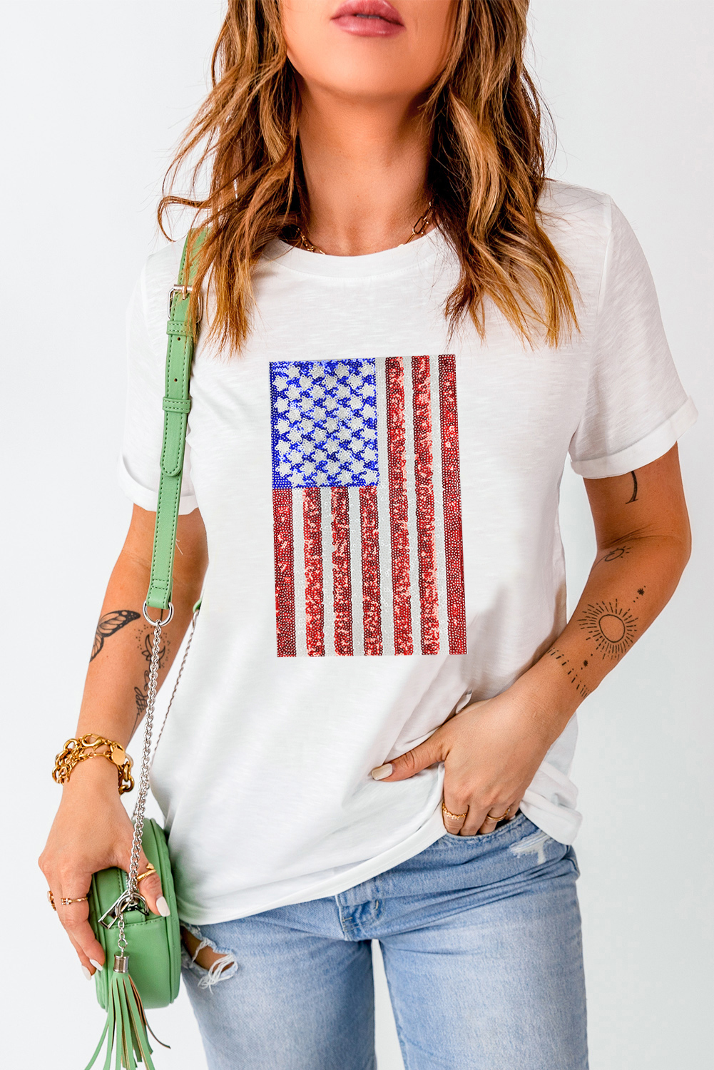 White Shimmery Flag Graphic Tee - loveforevers