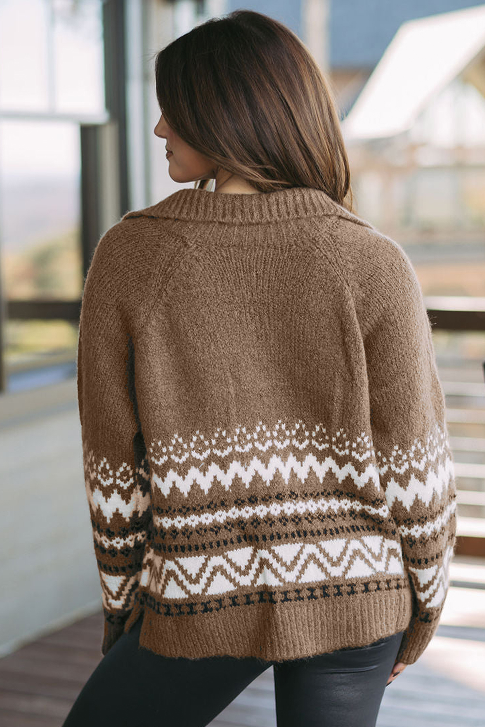 Brown Western Printed Ribbed Trim Collared Zip up Cardigan - loveforevers