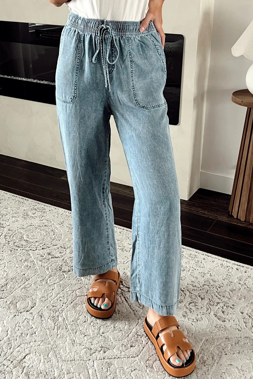 Myosotis Mineral Wash Drawstring Elastic Waistband Loose Straight Denim Pants - loveforevers