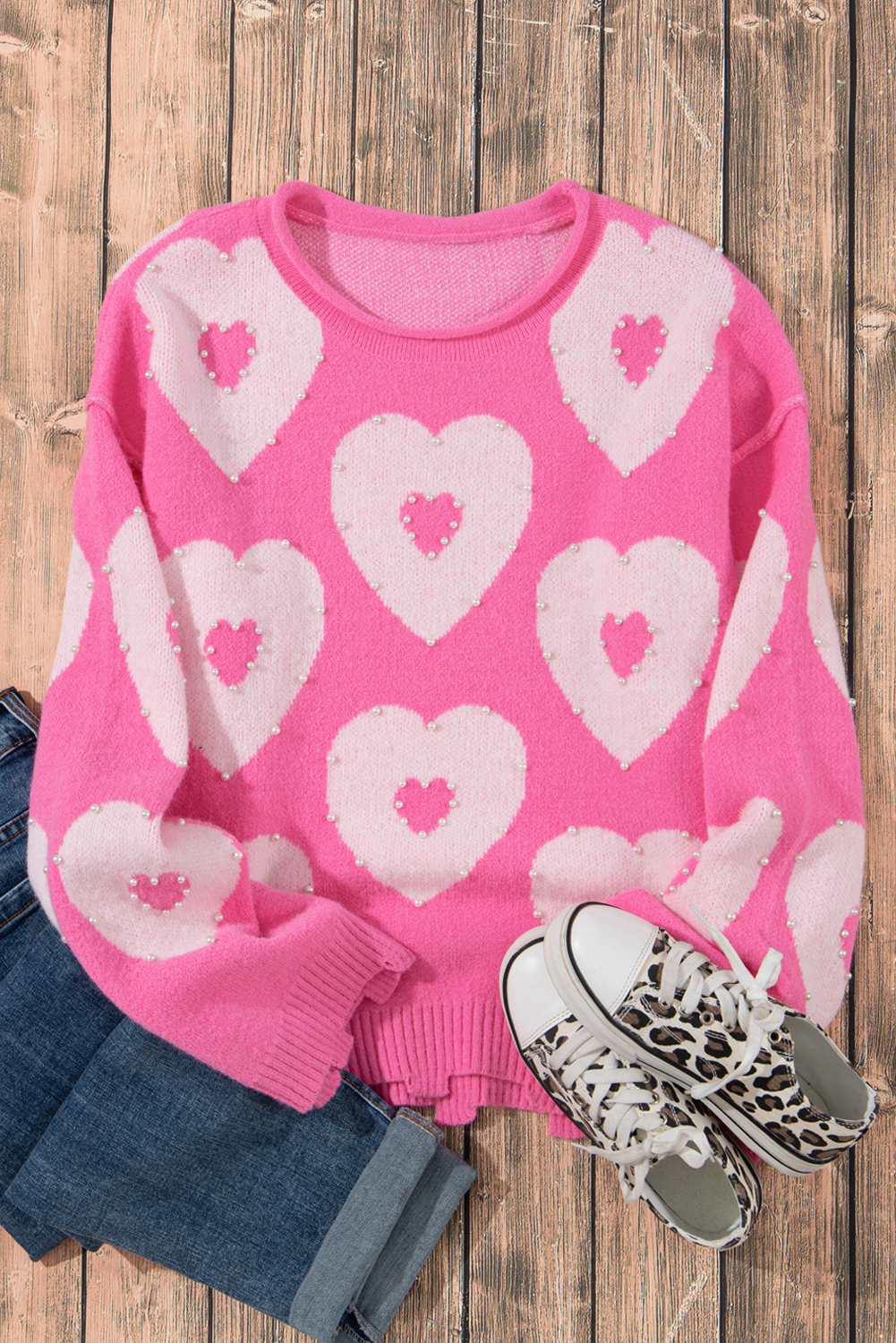 Bonbon Pearl Beaded Heart Drop Shoulder Sweater - loveforevers