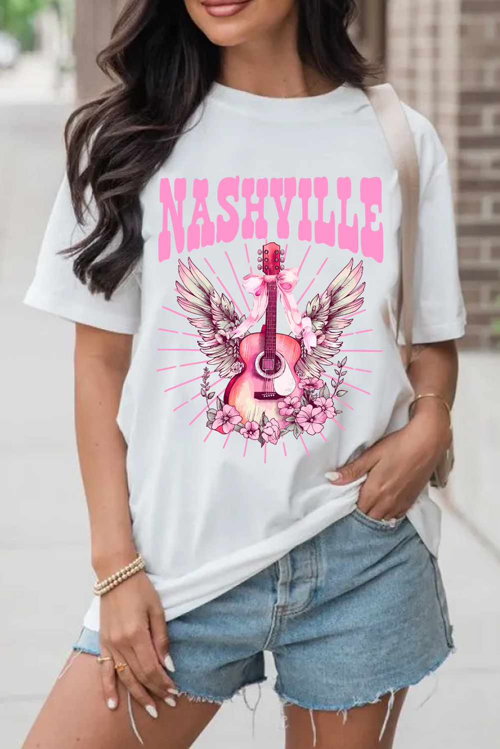 White NASHVILLE Guitar Graphic Music Festival T Shirt - loveforevers