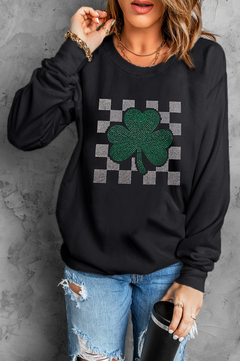 Black Rhinestone Checkerboard Clover Graphic St Patrick Sweatshirt - loveforevers
