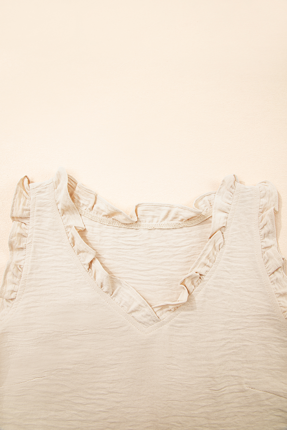 Parchment Textured Frilly Trim V Neck Sleeveless Top - loveforevers