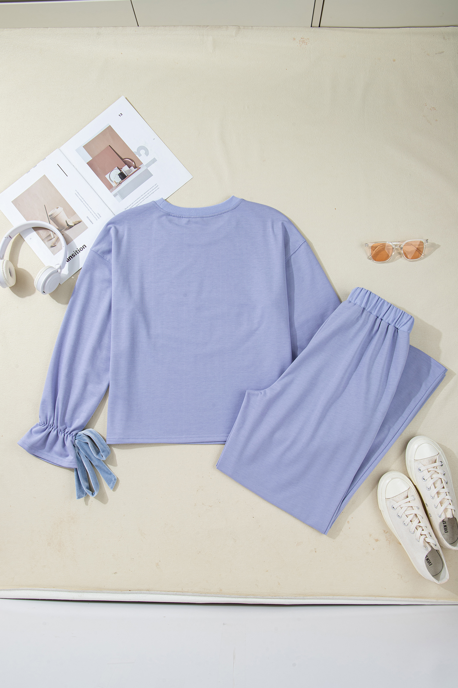 Beau Blue Flounce Long Sleeve Top Drawstring Pants Contrast Velvet Bow Knot 2pcs Lounge Set - loveforevers