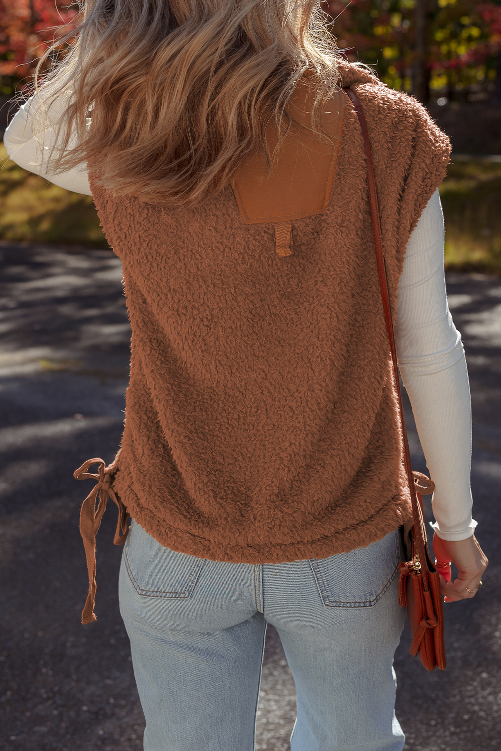 Cinnamon Faux Fur Snap Button Front Knot Side Plush Vest with Pockets - loveforevers