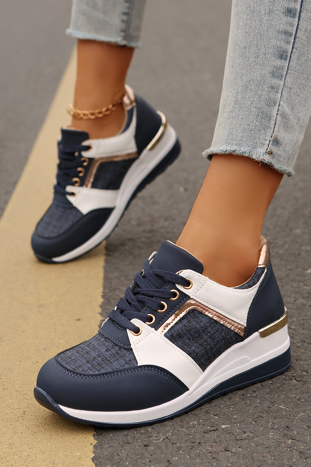 Blackish Green Glitter Patched Lace-up Wedge Sneakers - loveforevers