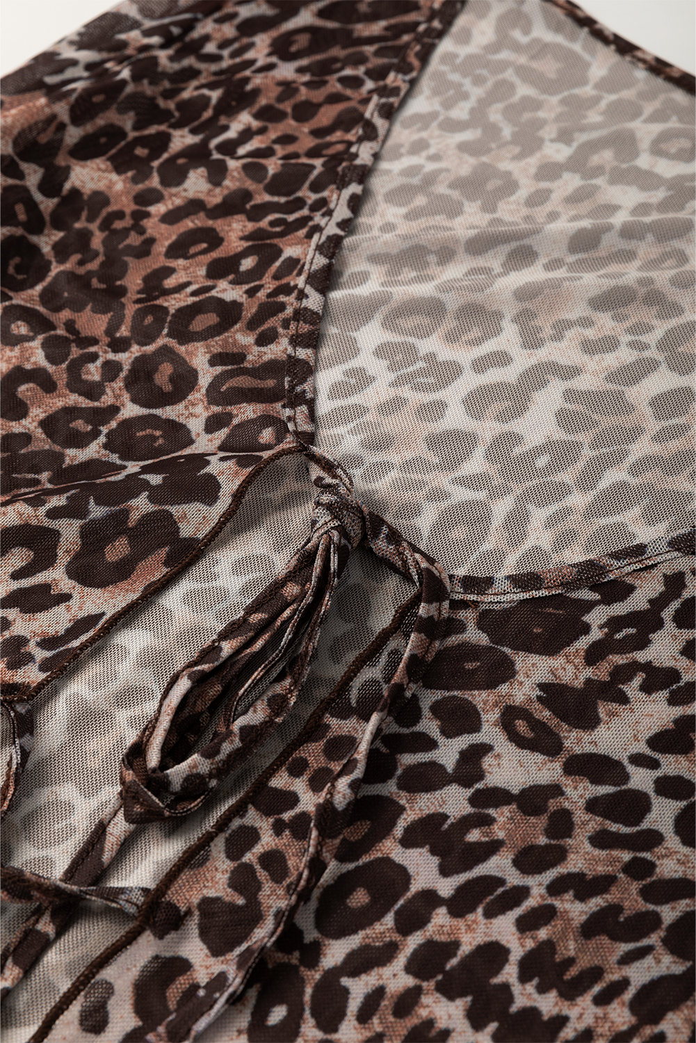 Multicolour Leopard Sheer Mesh Long Sleeve V Neck Lace-up Blouse - loveforevers