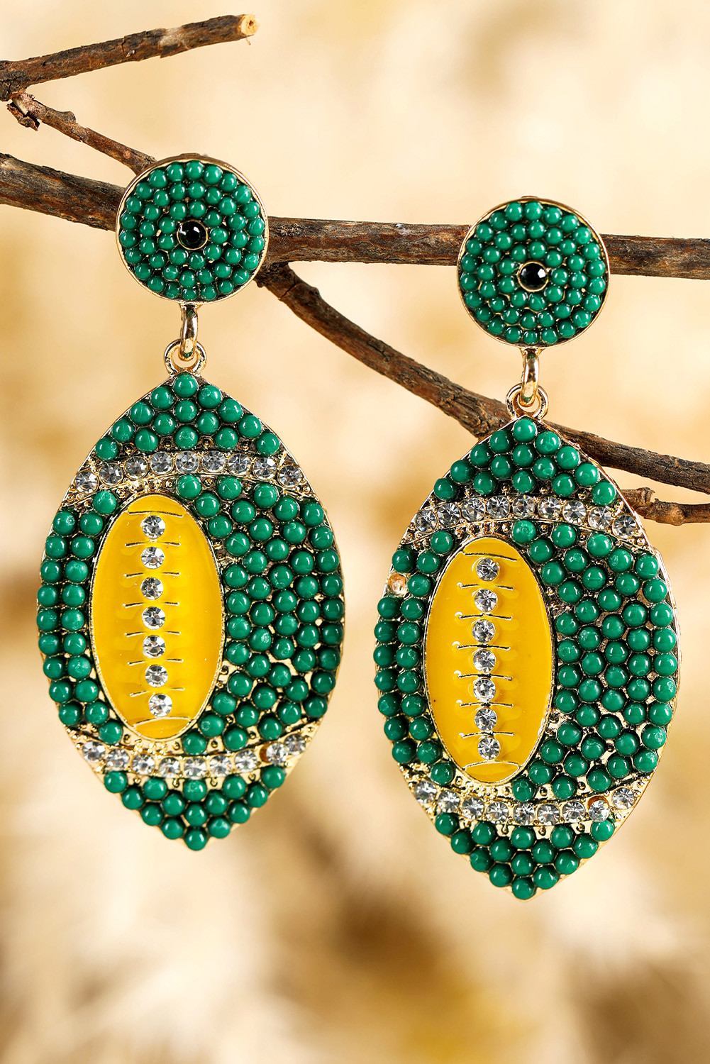 Dark Green Beaded Rhinestone Rugby Football Drop Earrings - loveforevers