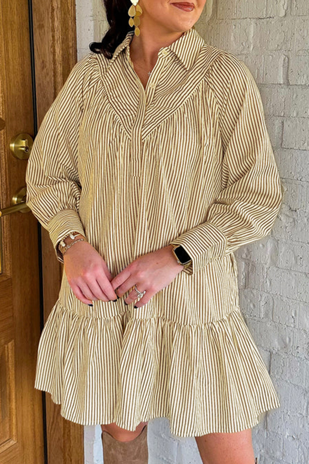 Brown Stripe Collared Neck Cuffed Long Sleeve Drop Waist Mini Dress - loveforevers