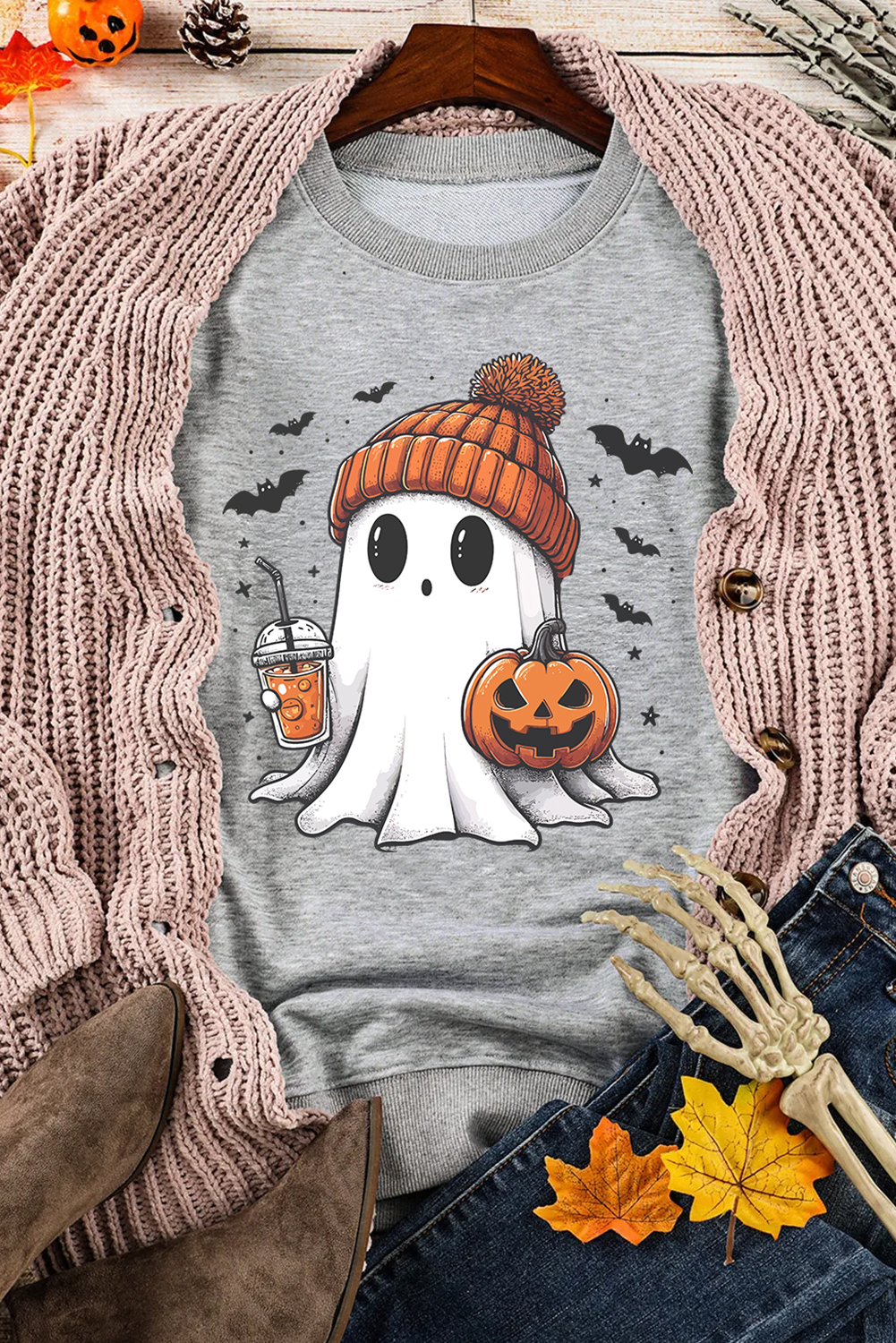Gray Halloween Ghost Print Crewneck Drop Shoulder Sweatshirt - loveforevers