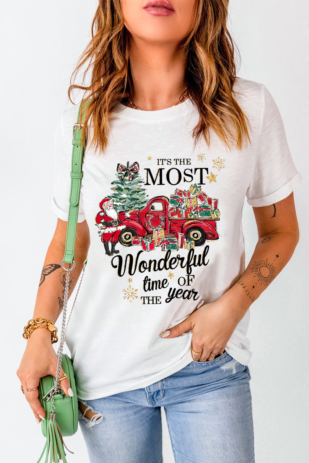 White Christmas Pattern Slogan Print Crew Neck T Shirt - loveforevers