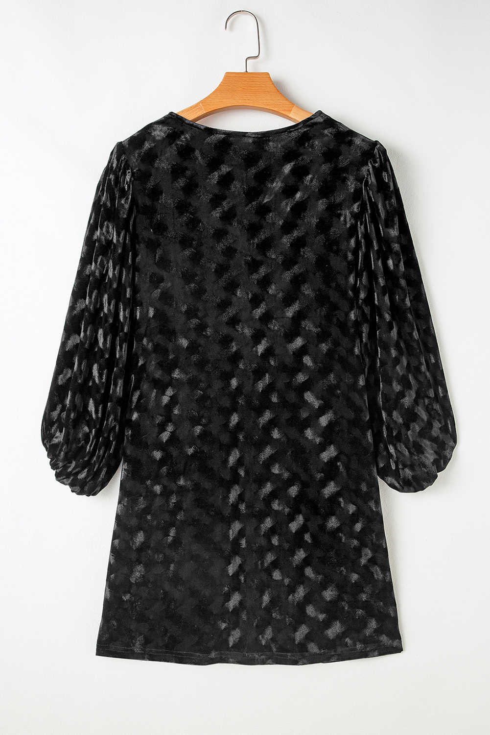 Black Textured V Neck Balloon Sleeve Velvet Mini Dress - loveforevers