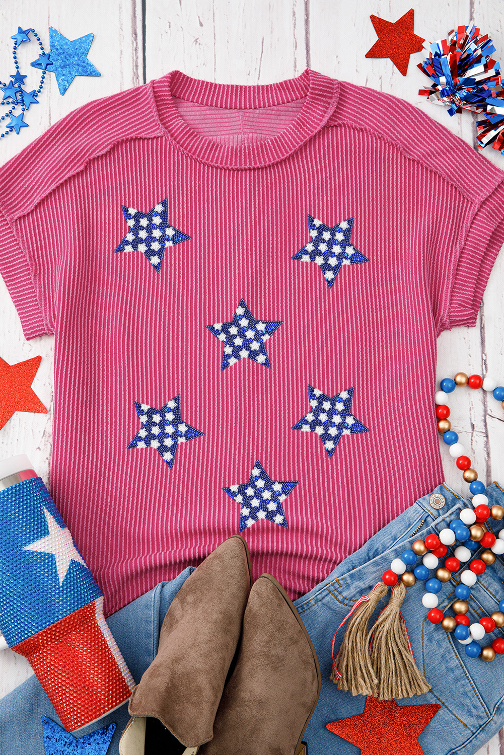 Rose Red Sequin Star Graphic Corded Side Split Patriotic T Shirt - loveforevers