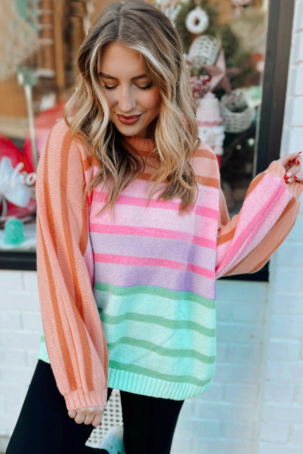 Yellow Stripe Gradient Striped Ribbed Edge Loose Sweater - loveforevers