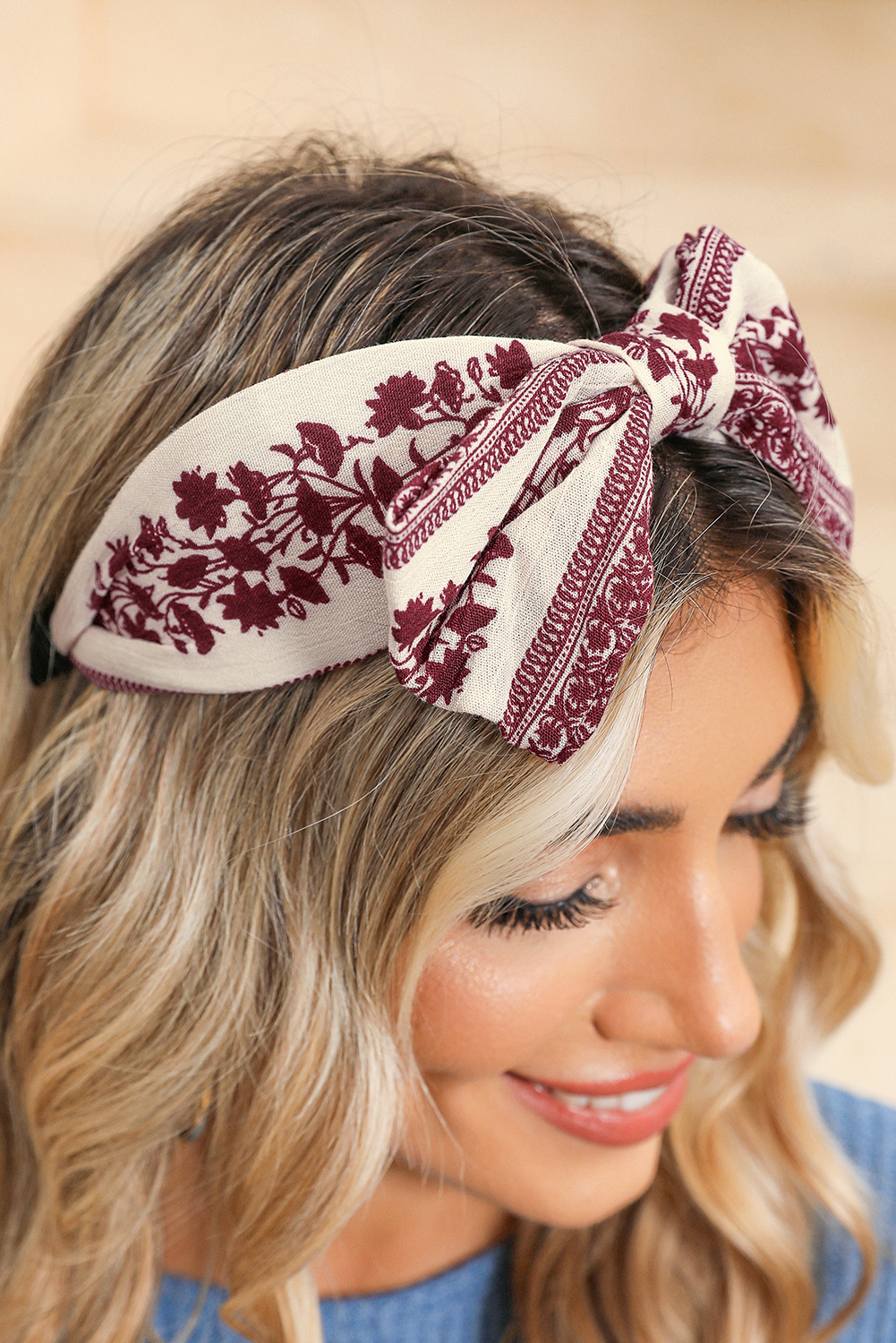 Coral Retro Floral Vine Printed Bow Knot Headband - loveforevers