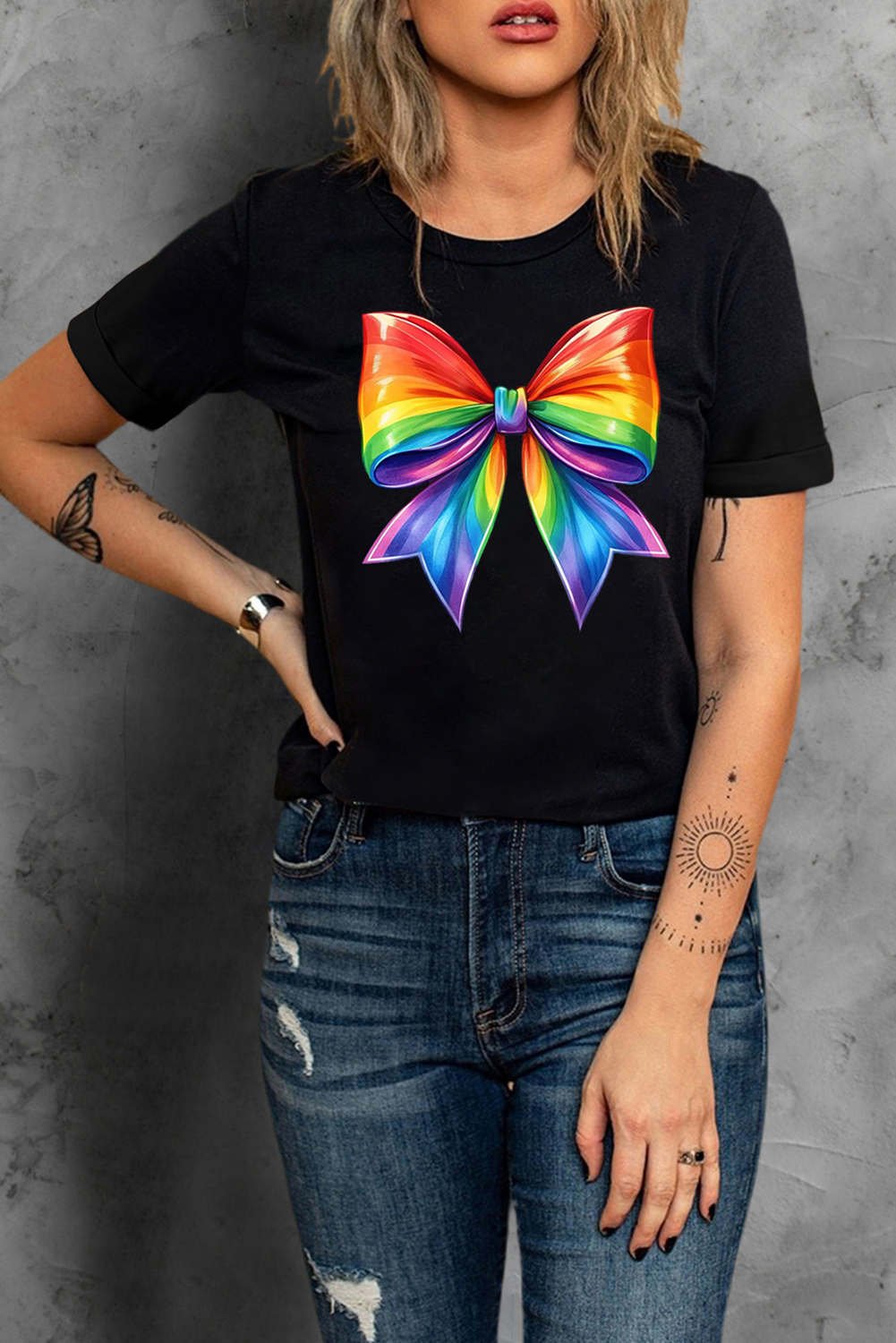 Black Pride Bow Graphic Round Neck T Shirt - loveforevers