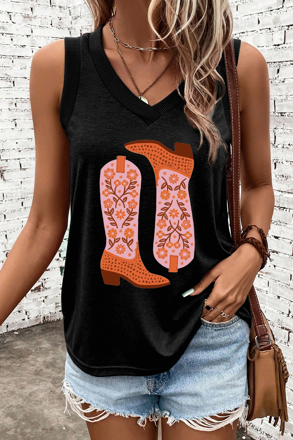 Black Cowgirl Floral Boots Printed Tank Top - loveforevers