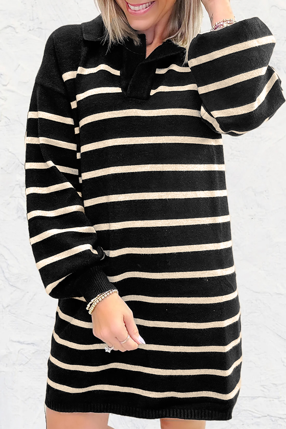 Black Stripe Polo Collar Puff Sleeve Sweater Mini Dress - loveforevers