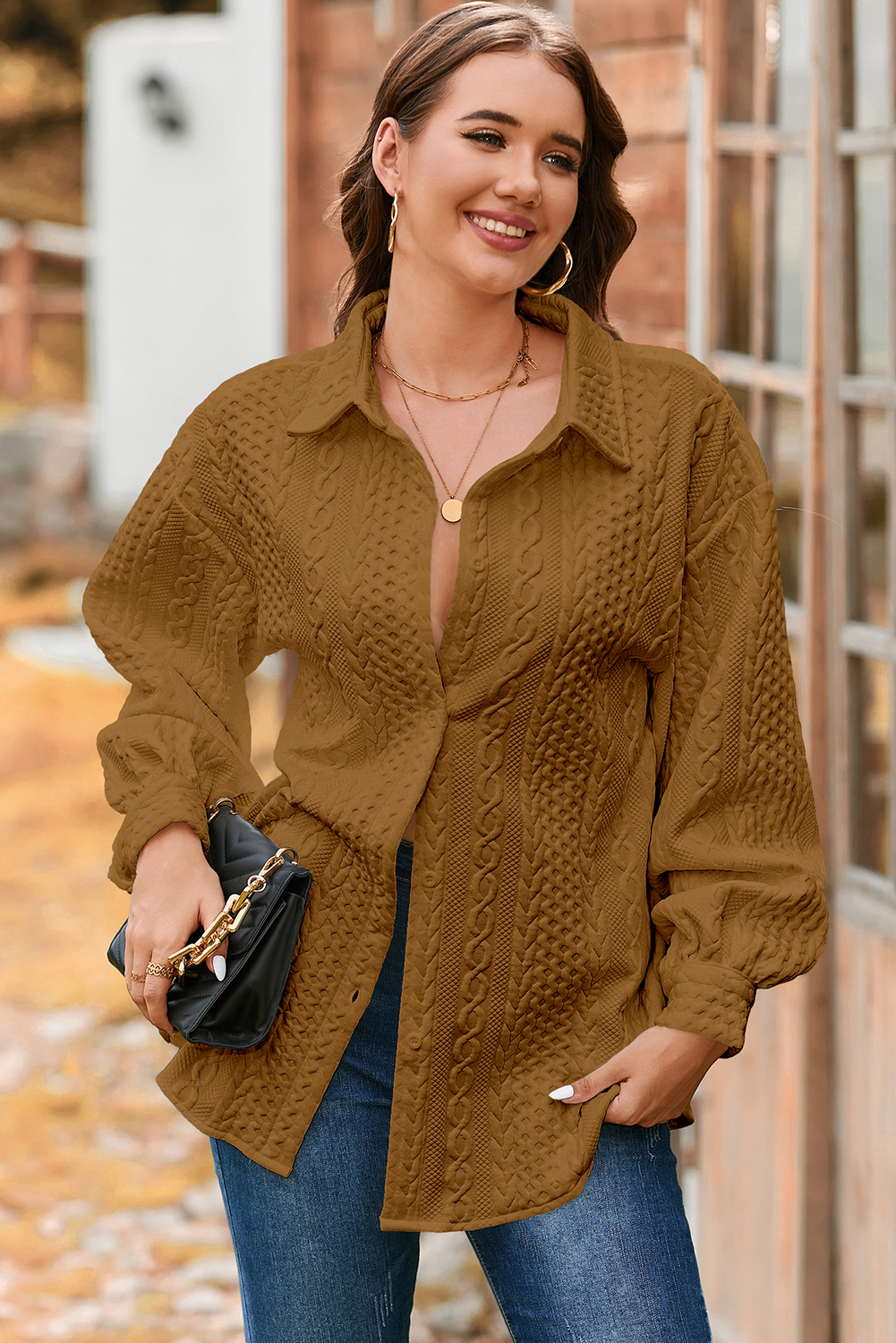 Sepia Rose Cable Texture Puff Sleeve Loose Shacket - loveforevers