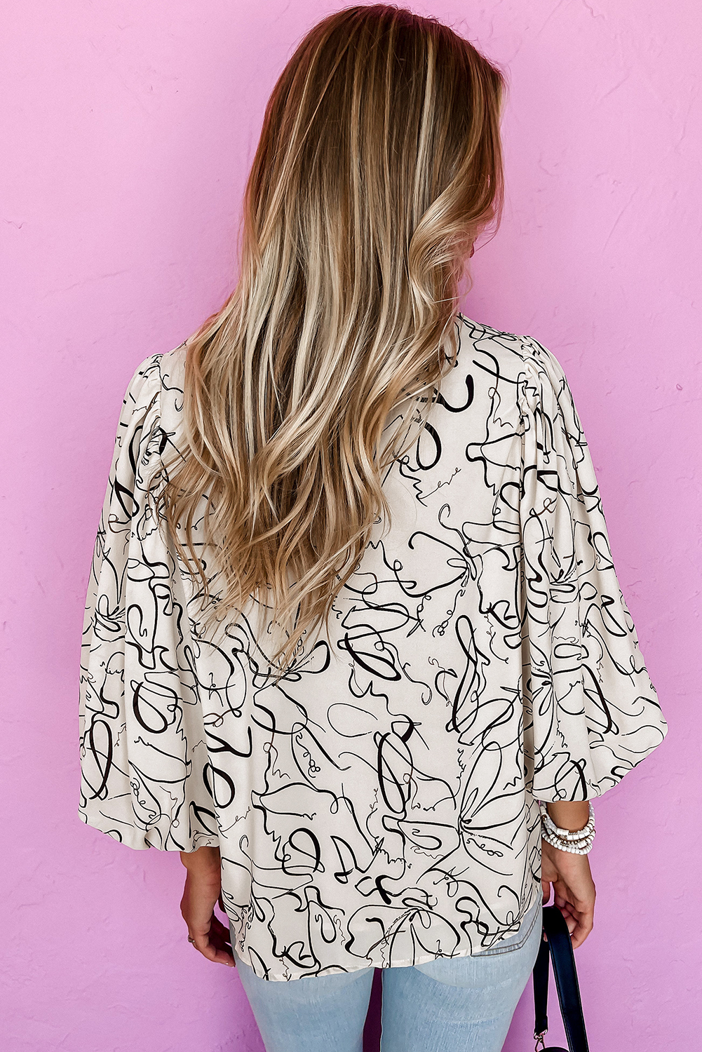 Beige Abstract Print Balloon Sleeve Crew Neck Blouse - loveforevers