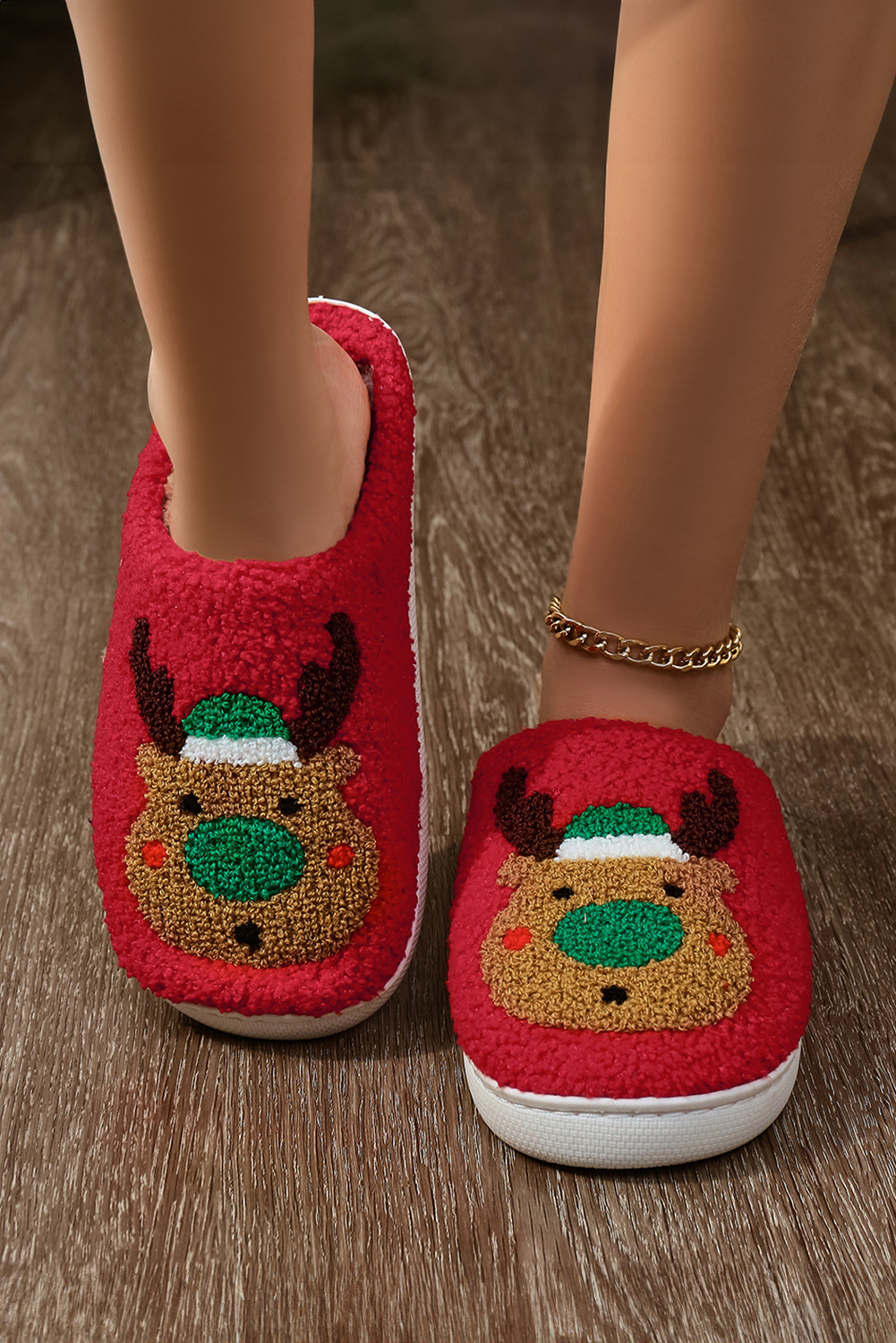 Fiery Red Christmas Reindeer Pattern Thick Sole Plush Slippers - loveforevers