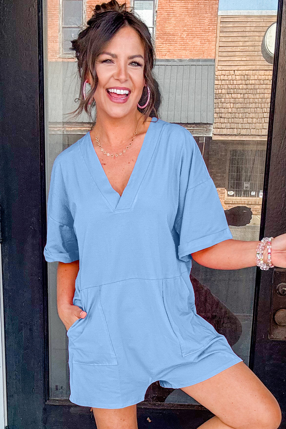 Bonbon Loose Half Sleeve V Neck Knit Romper - loveforevers