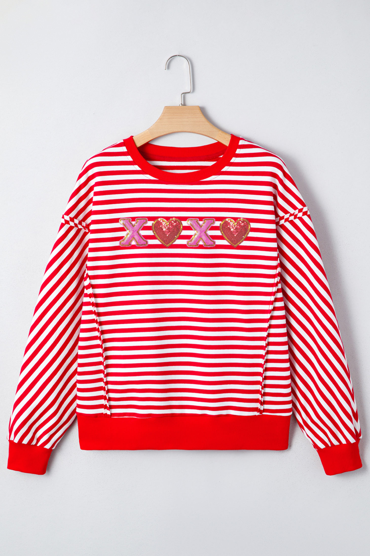 Red Stripe XOXO Sequin Heart Patched Valentines Day Long Sleeve Top - loveforevers