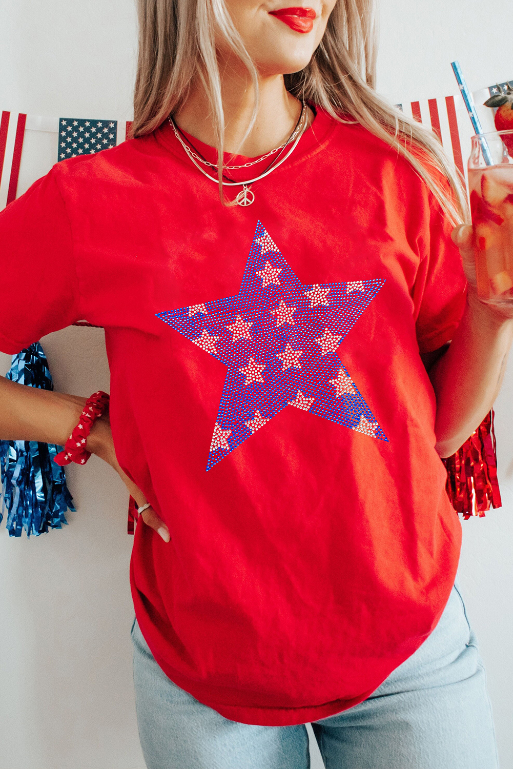 Red Rhinestone Star Pattern Independent Day T Shirt - loveforevers