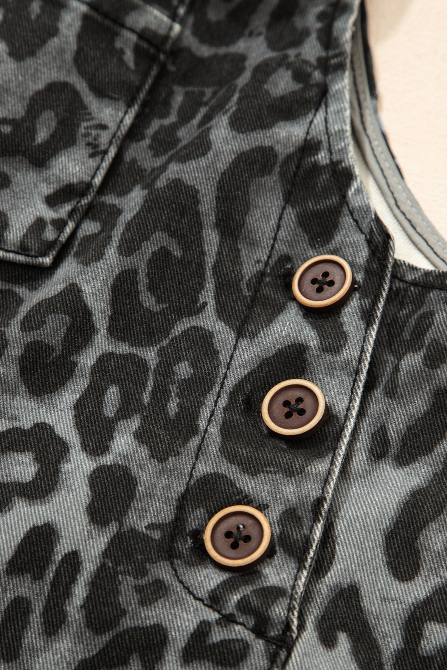 Gray Leopard Print Button Adjustable Straps Cropped Loose Denim Overalls - loveforevers