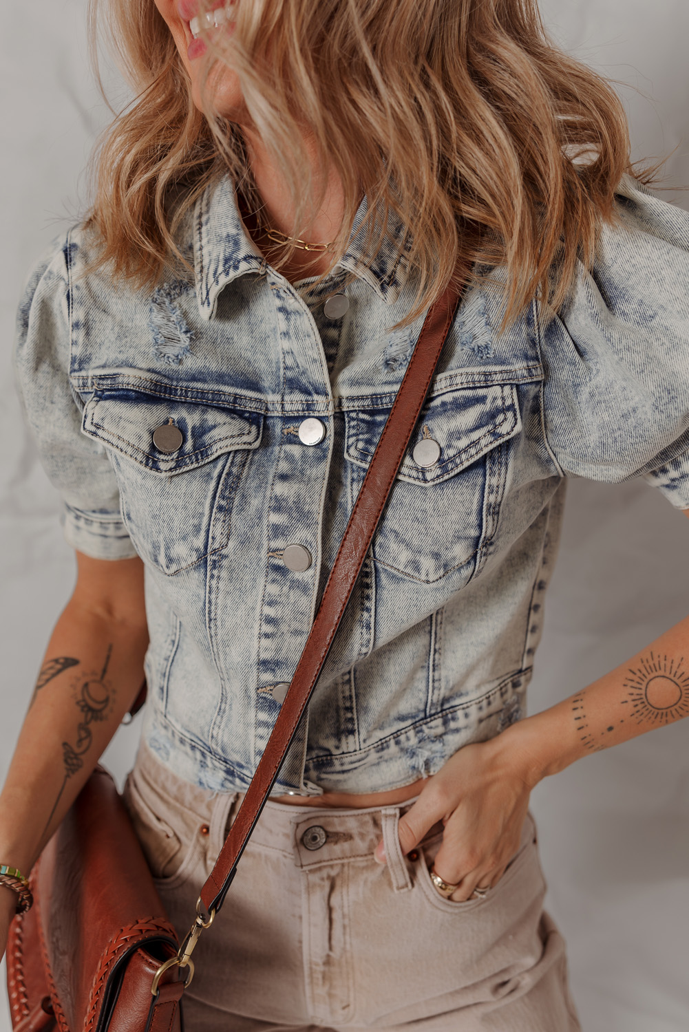 Beau Blue Light Wash Buttoned Chest Pocket Puff Sleeve Denim Jacket - loveforevers