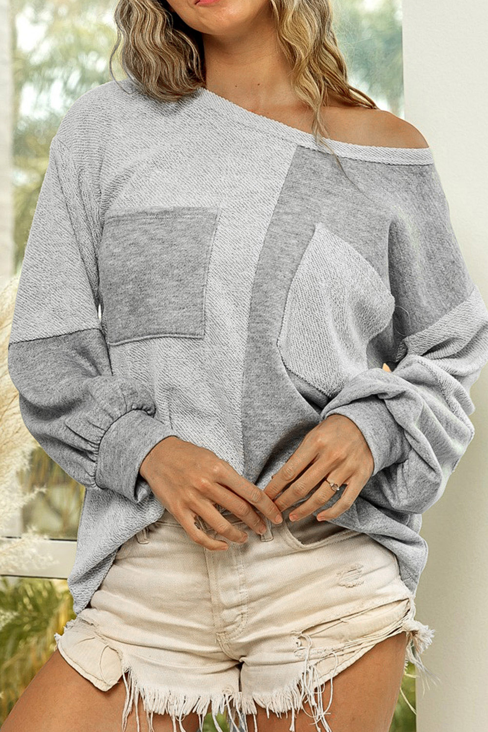 Gray Contrast Patchwork Double Chest Pocket Top - loveforevers