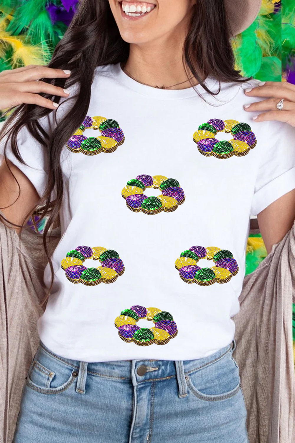 White Sequined Mardi Gras Pattern Crew Neck Short Sleeve Top - loveforevers