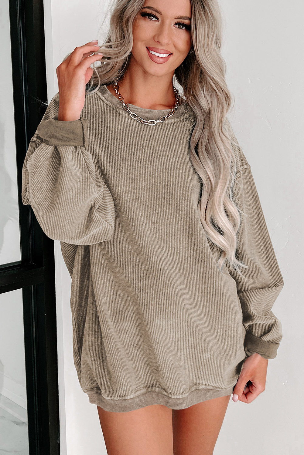 Pink Solid Ribbed Knit Round Neck Pullover Sweatshirt - loveforevers