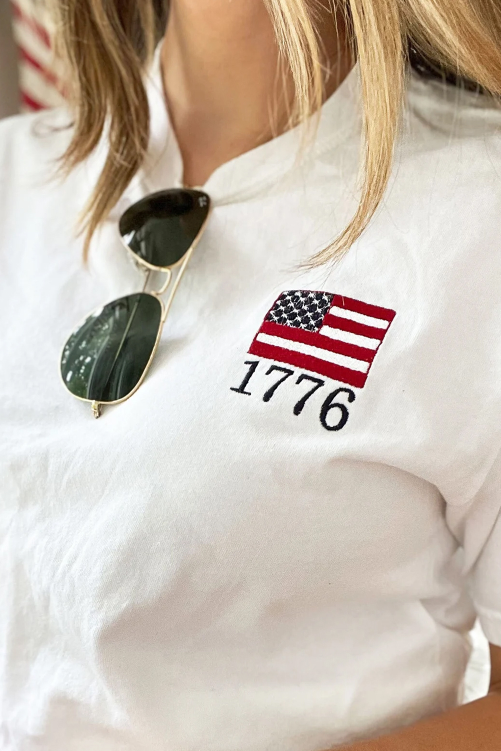 White American Flag 1776 Embroidered Pattern Crew Neck Tee - loveforevers