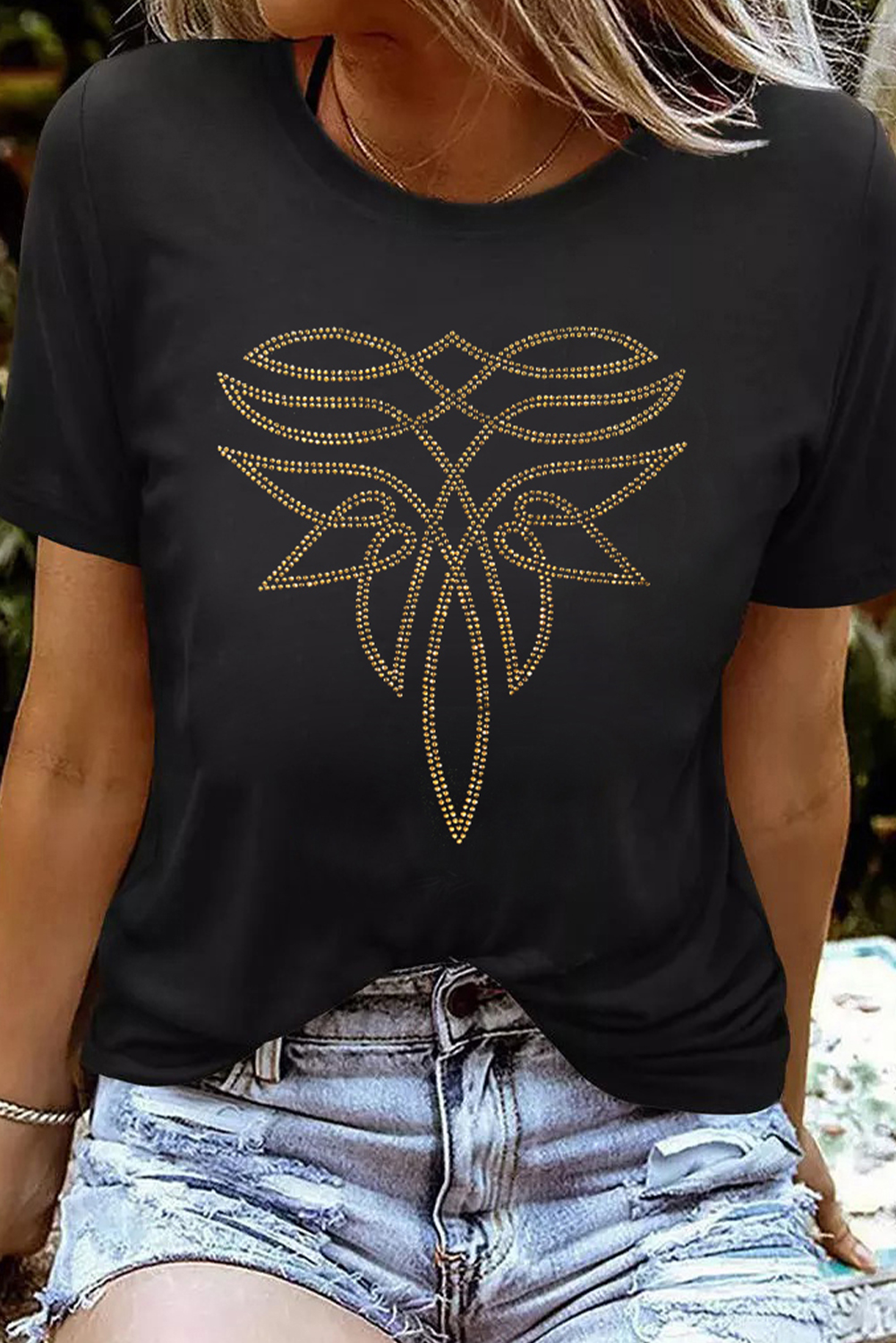 Black Rhinestone Western Pattern Cotton Blend Graphic T Shirt - loveforevers
