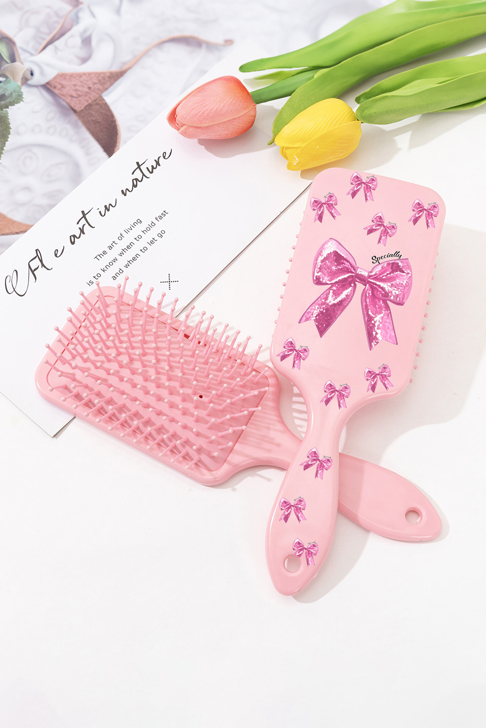 Gossamer Pink Glitter Bow Print Air Cushion Comb - loveforevers
