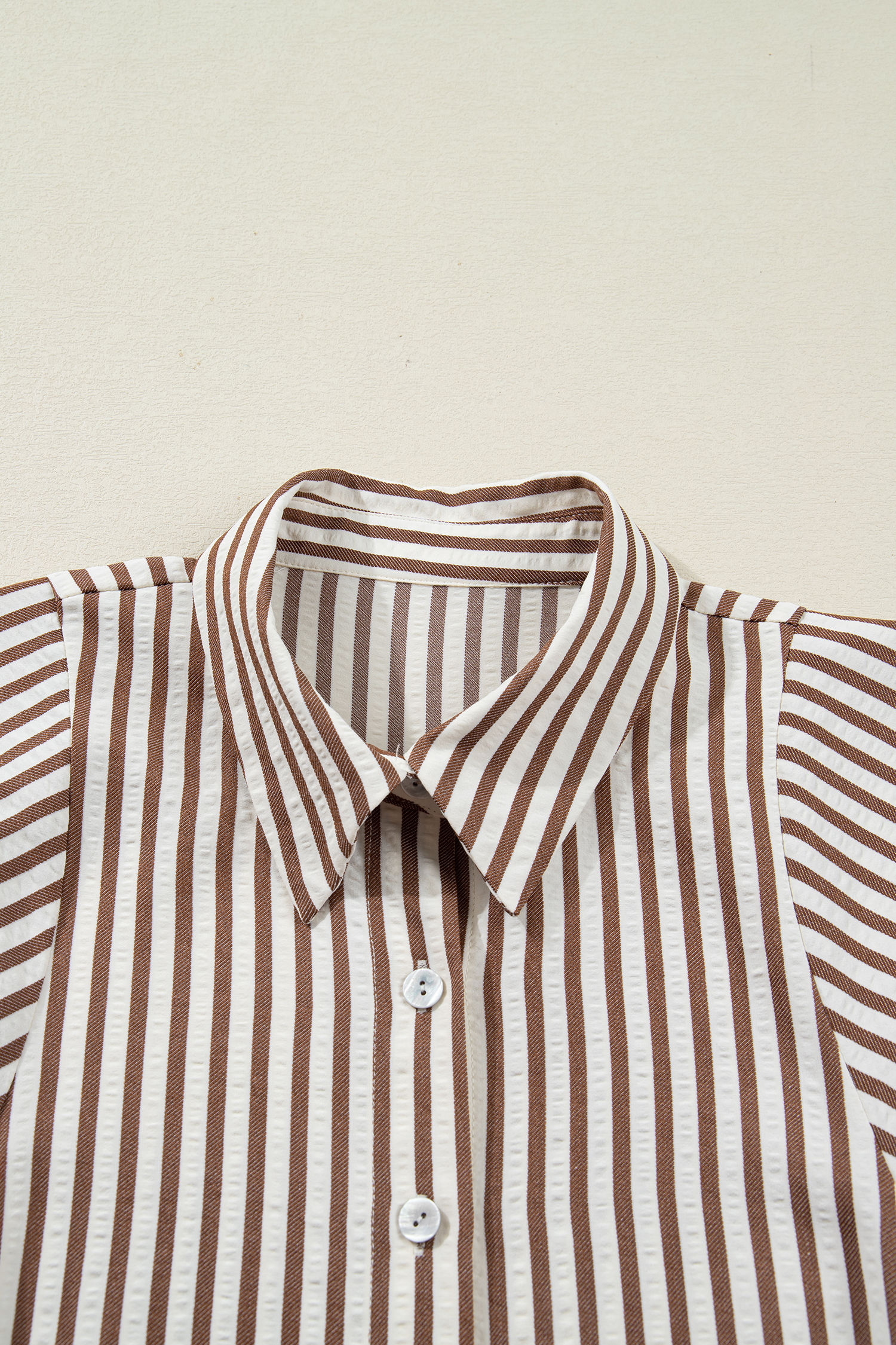 Brown Stripe Knot Waist Puff Sleeve Button Down Mini Shirt Dress - loveforevers