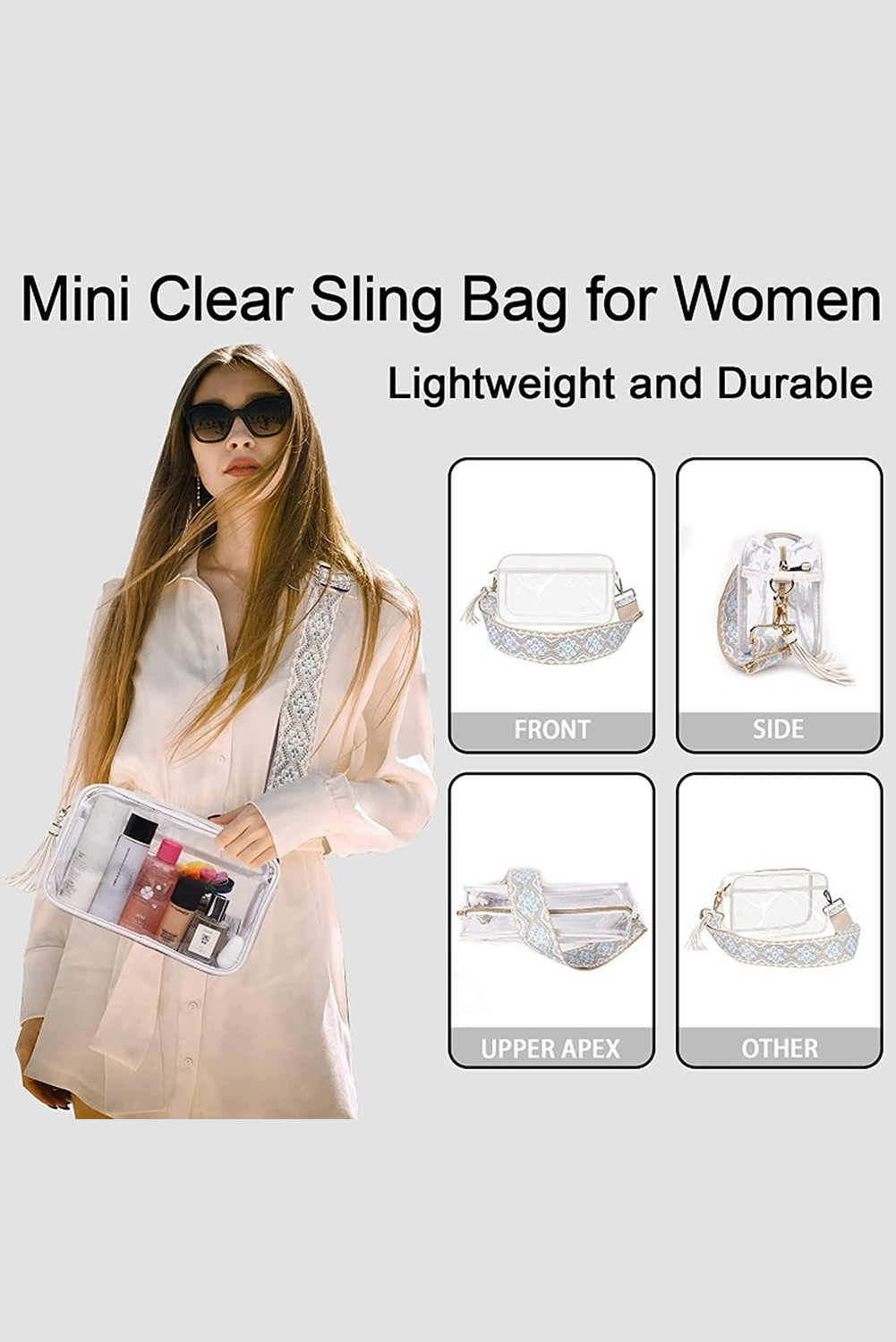 White Contrast Edge Tassel Geo Print Strap Clear Shoulder Bag - loveforevers