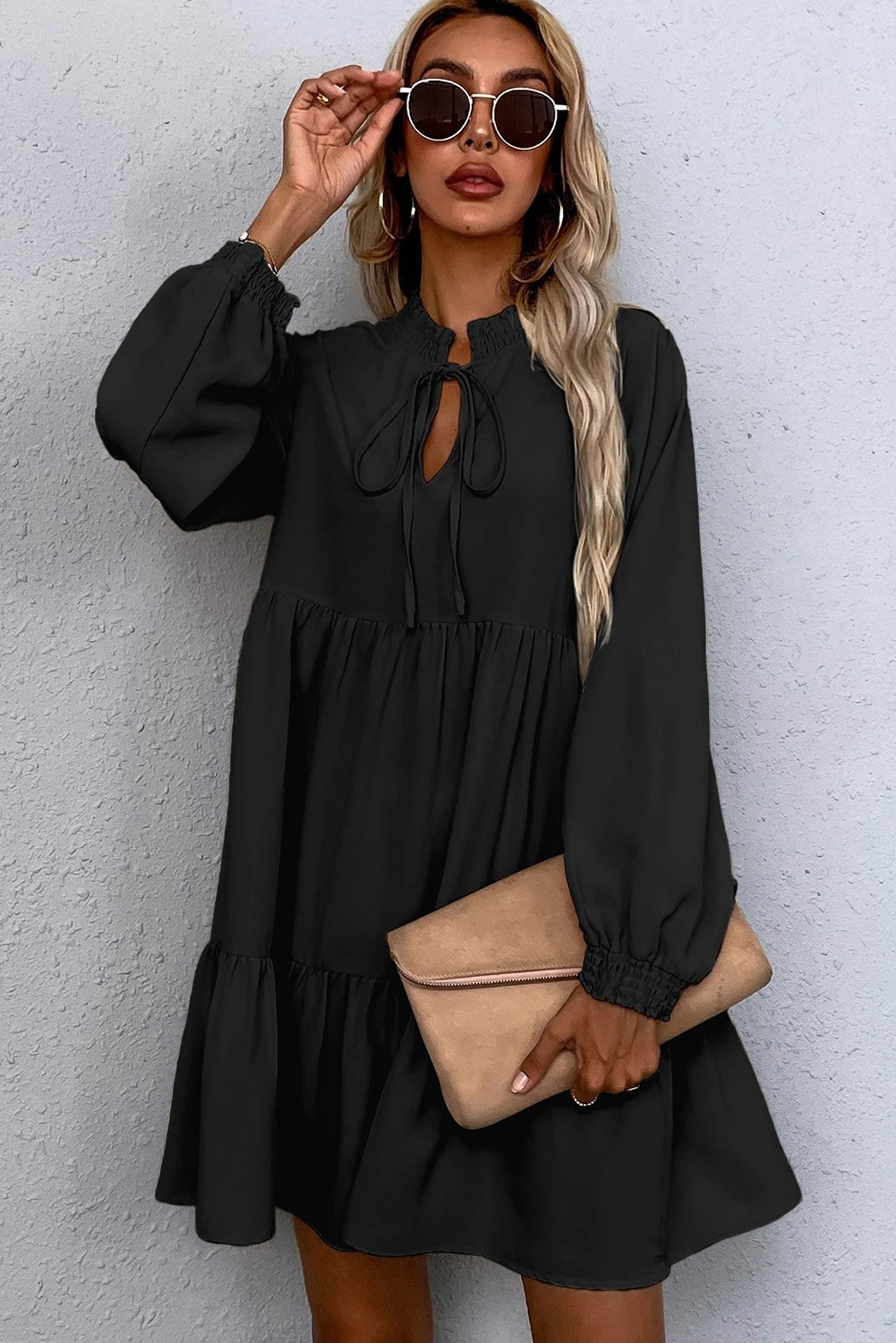 Black Tie Split Neck Smocked Detail Long Puff Sleeve Ruffle Hem Loose Dress - loveforevers