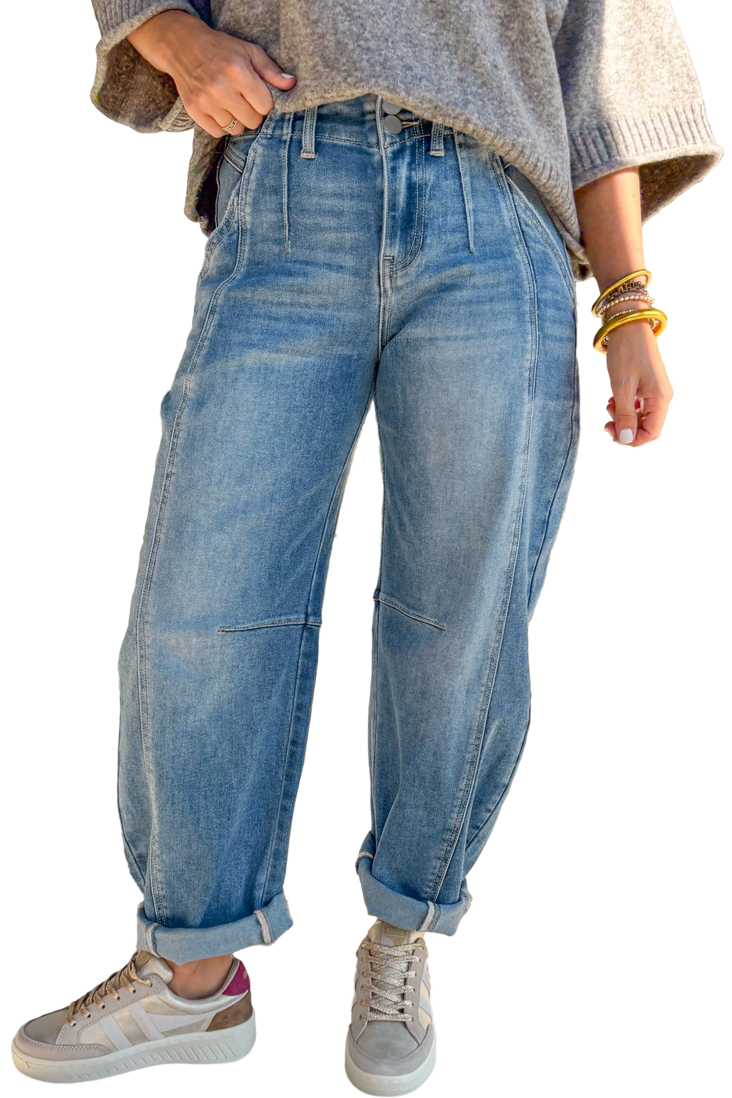 Sky Blue Medium Wash Cuffed Barrel Jeans - loveforevers