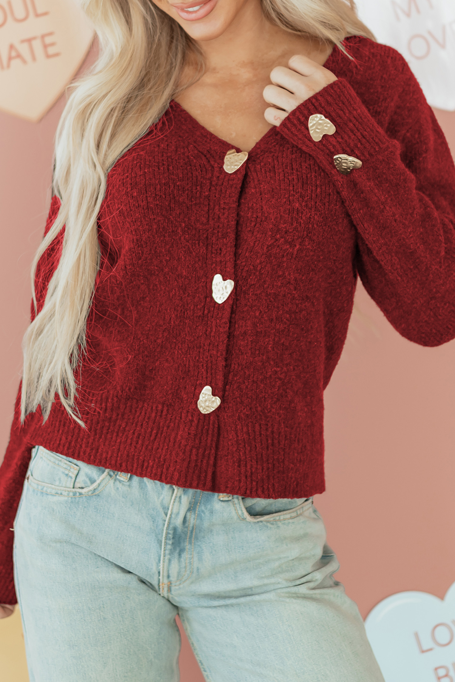 Fiery Red Heart Metal Button V Neck Cardigan Sweater - loveforevers
