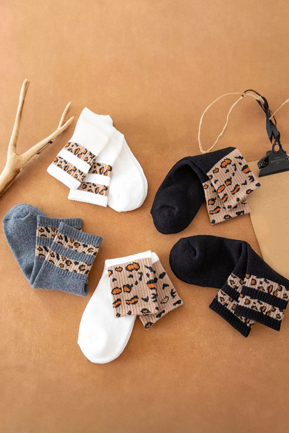 White Leopard Striped Detail Ribbed Cuffs Womens Socks - loveforevers