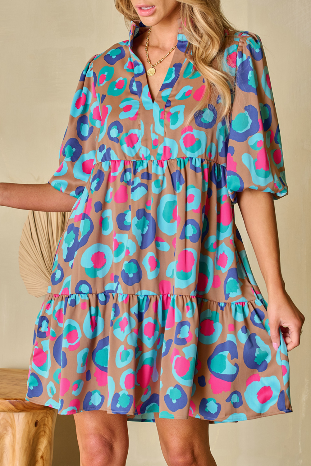 Green Leopard Print Bubble Sleeve Slit Neck Ruffled Dress - loveforevers