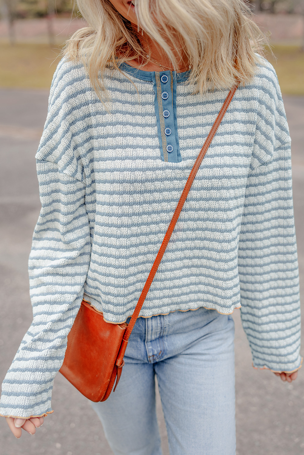 Sky Blue Stripe Textured Frilly Trim Buttons Henley Long Sleeve Top - loveforevers