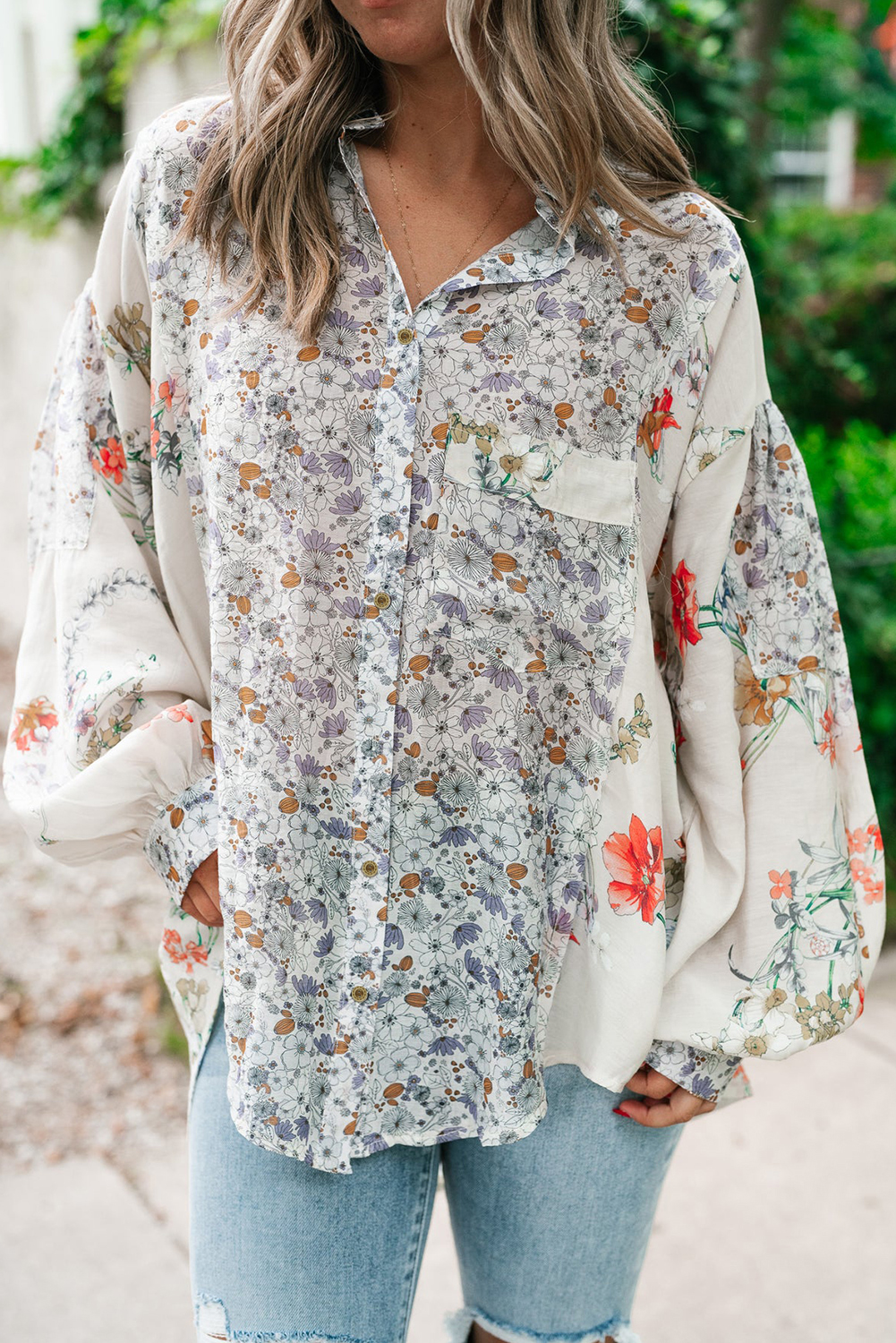 Purple Boho Floral Bishop Sleeve Button Up Loose Shirt - loveforevers