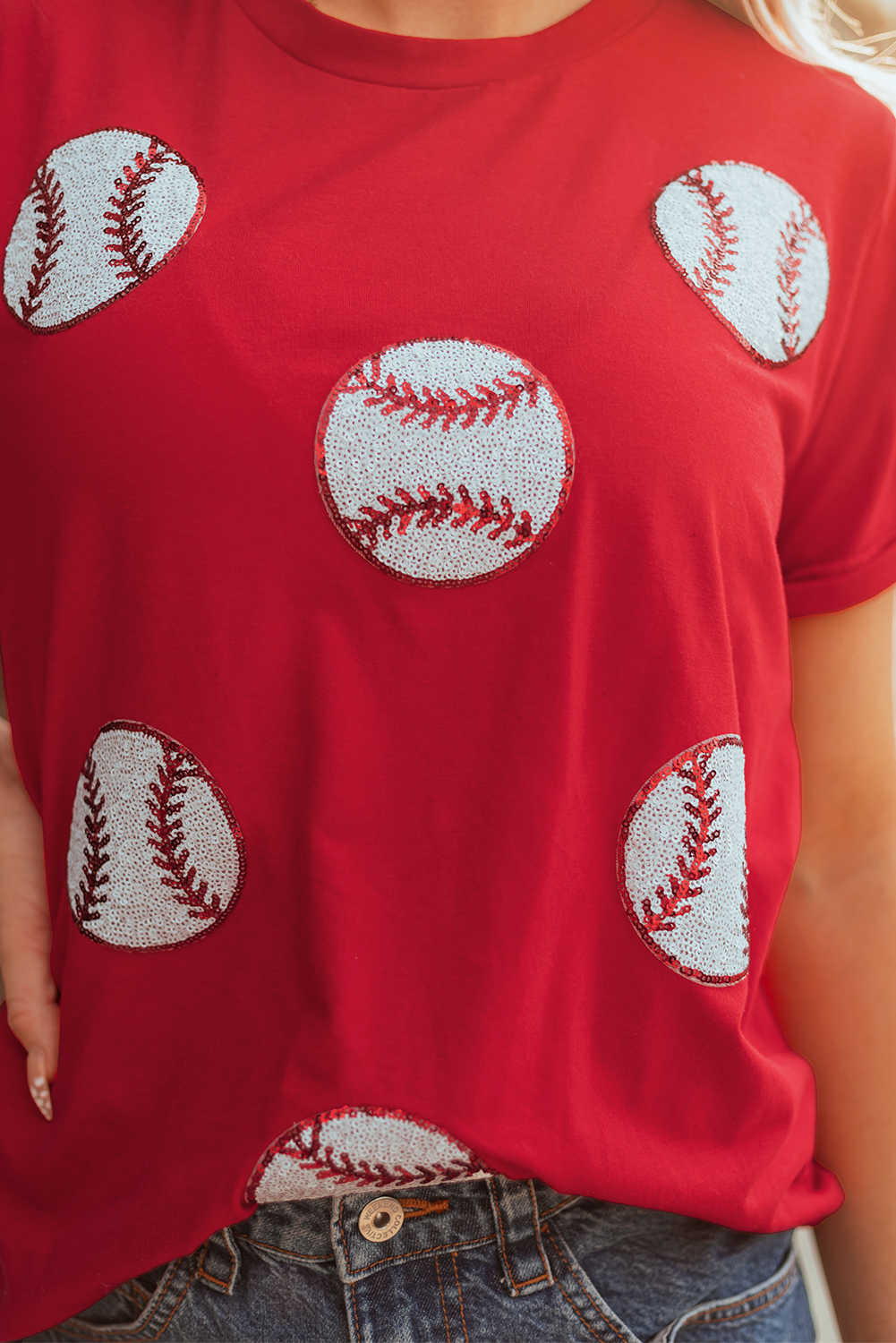 Red Glittering Rugby Pattern Crew Neck Game Day T Shirt - loveforevers
