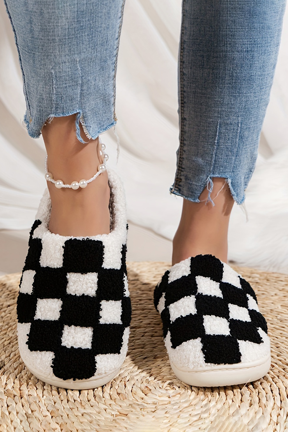 Fiery Red Checkered Print Fuzzy Slip On Winter Slippers - loveforevers