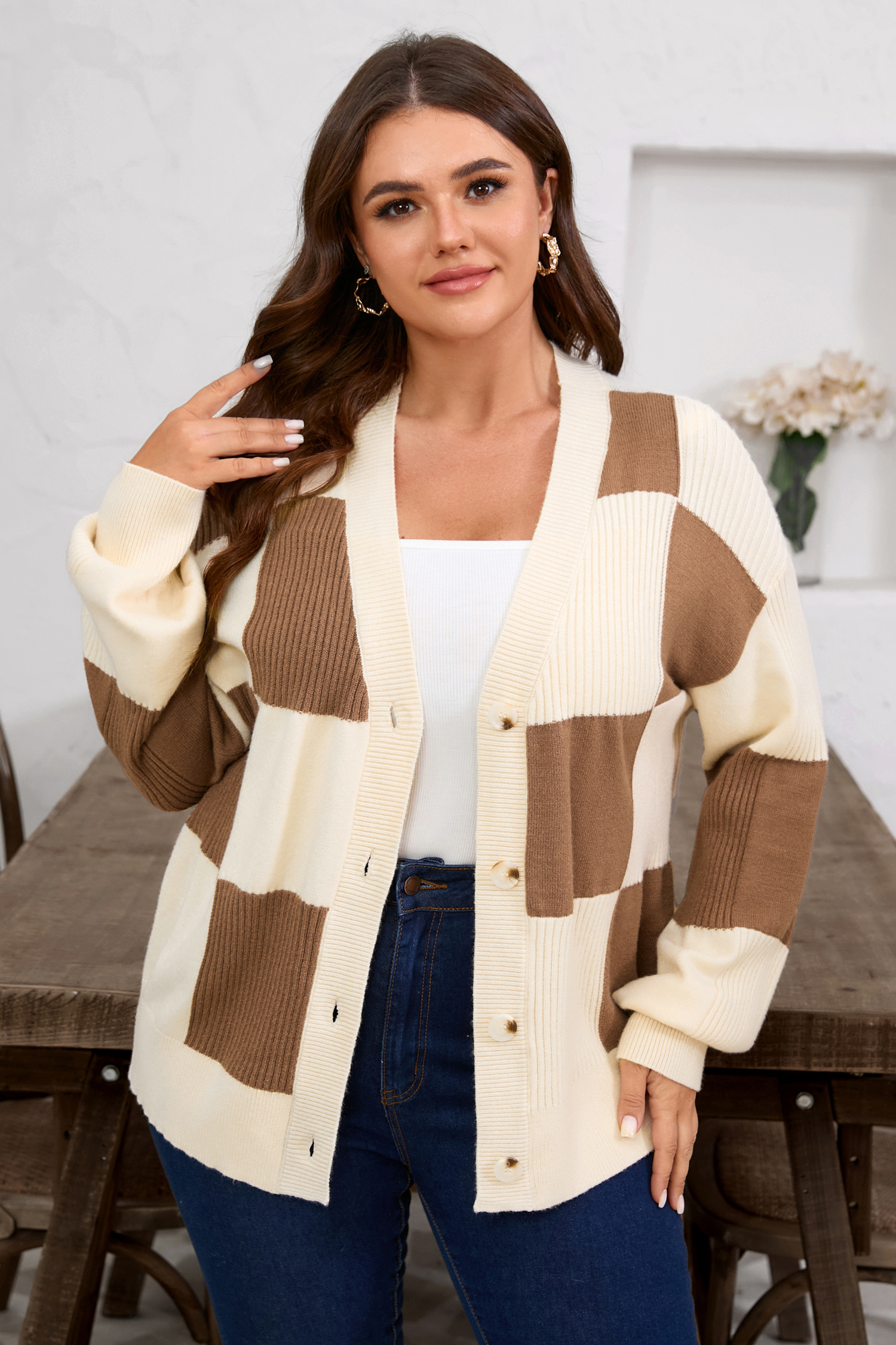 Khaki Checkered Ribbed Texture Knit Plus Size Cardigan Sweater - loveforevers