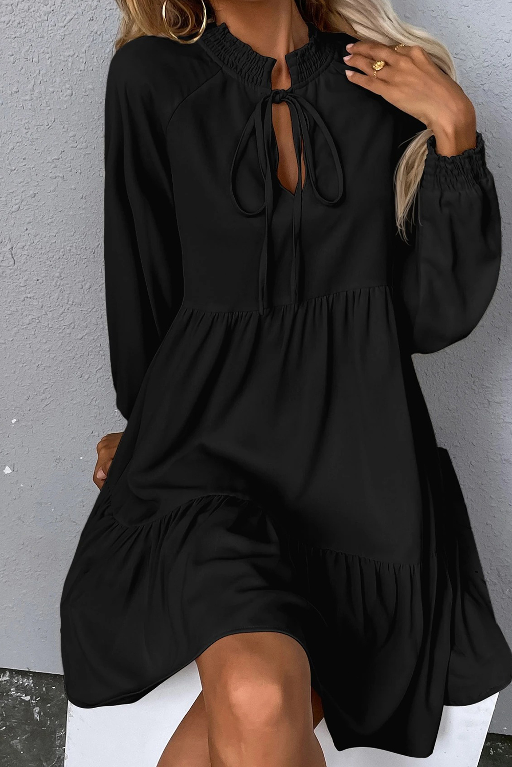 Black Tie Split Neck Smocked Detail Long Puff Sleeve Ruffle Hem Loose Dress - loveforevers